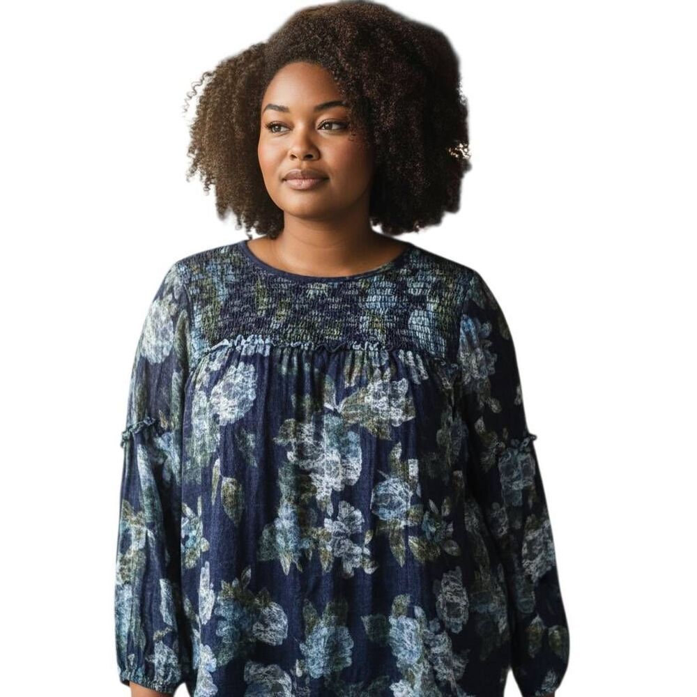 TIME & TRU BLUE FLORAL LACE OVERLAY BLOUSE SZ.XL EUC.